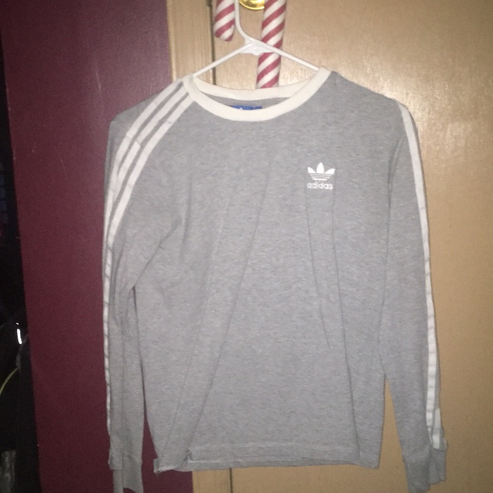 adidas grey and white striped long sleeved shirt